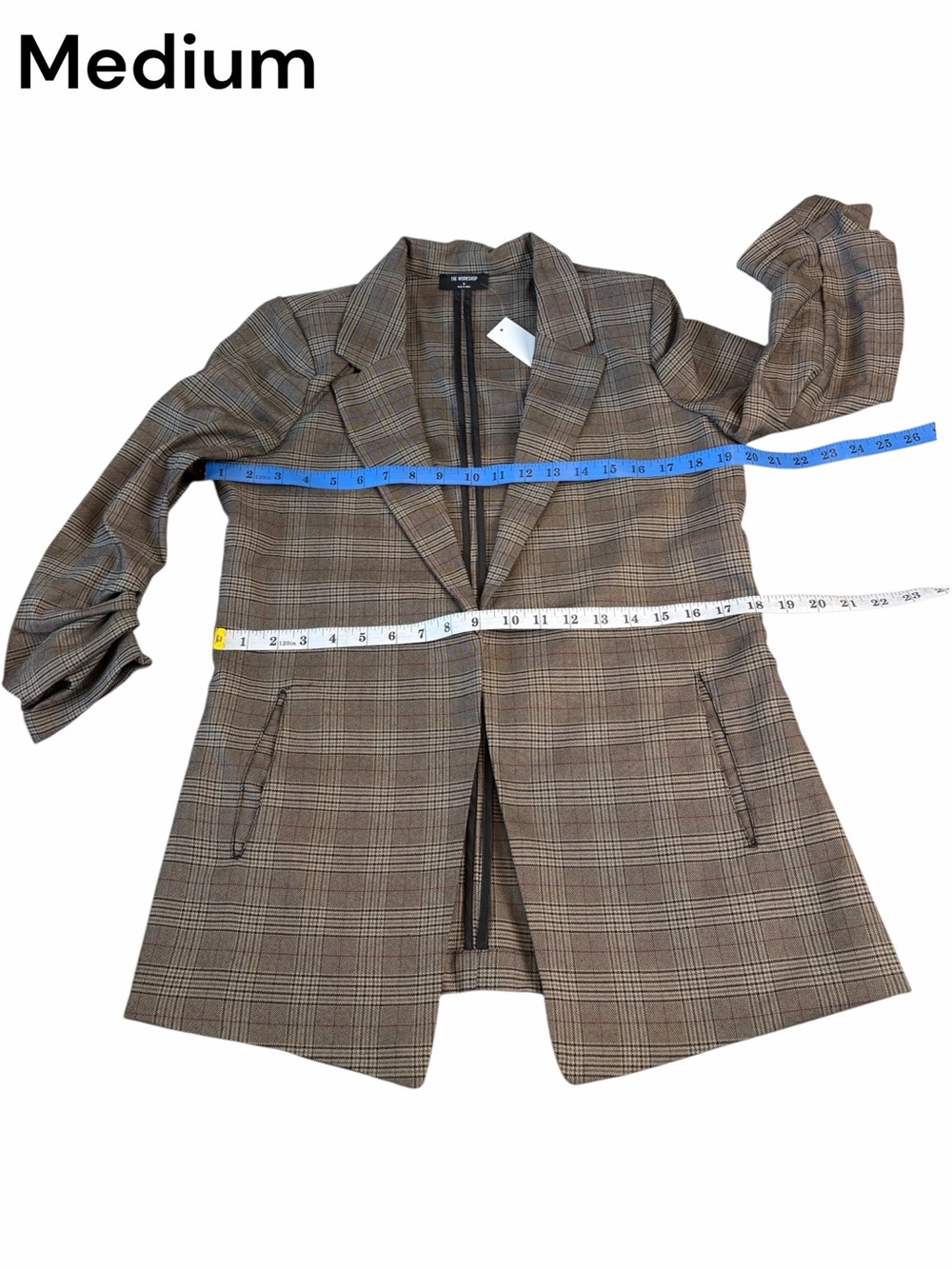 Studio Brown Plaid 3/4 Sleeve Ruched Blazer Sm Med Lg - Picture 11 of 16